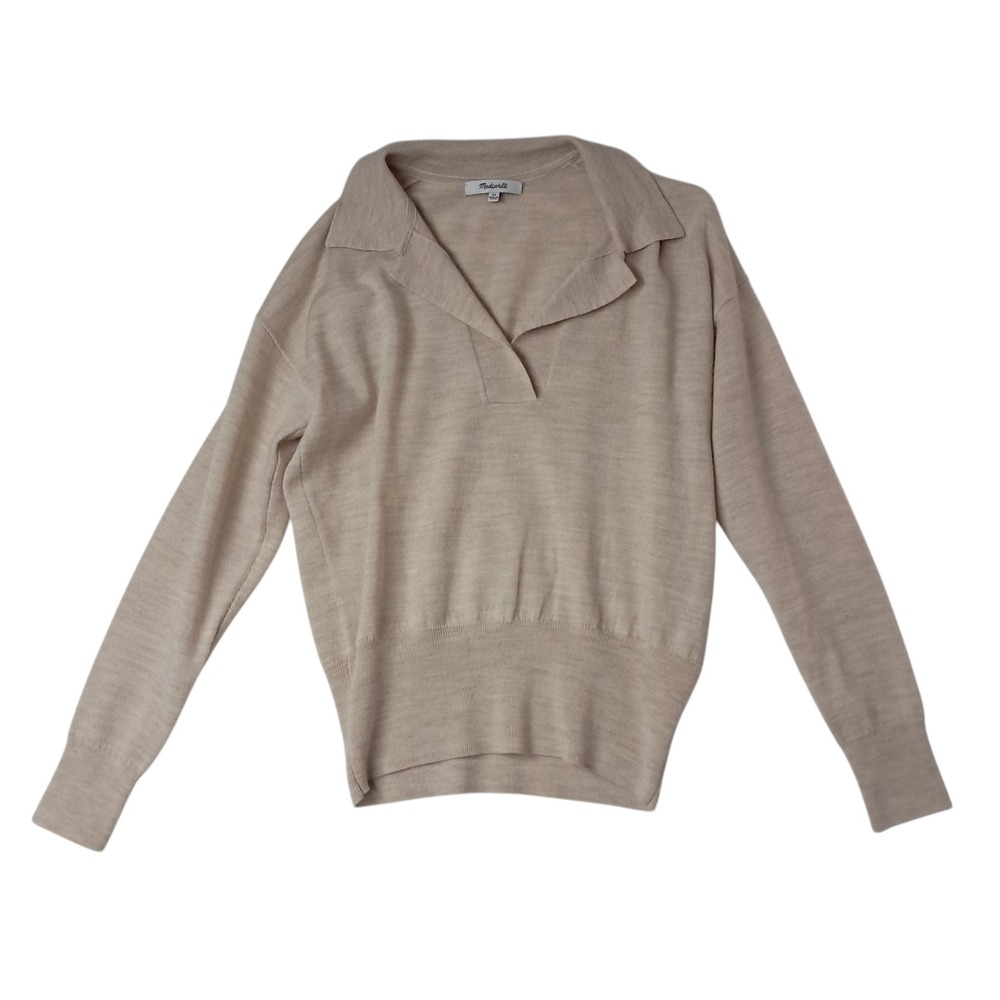 Madewell Sweater Womens XS Tan 100% Merino Wool Polo Quiet Luxury Preppy Neutral